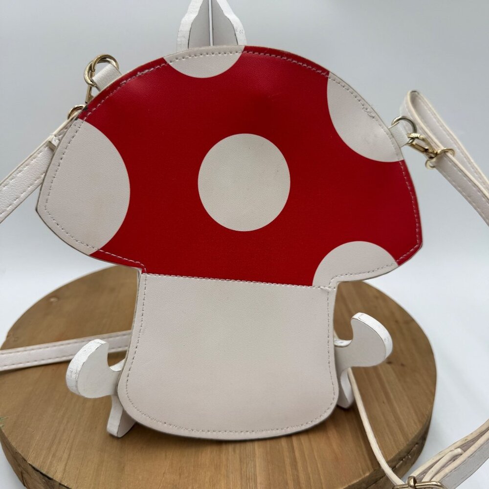 Mushroom-Shaped Red & White Faux Leather Crossbody Bag With Adjustable Strap